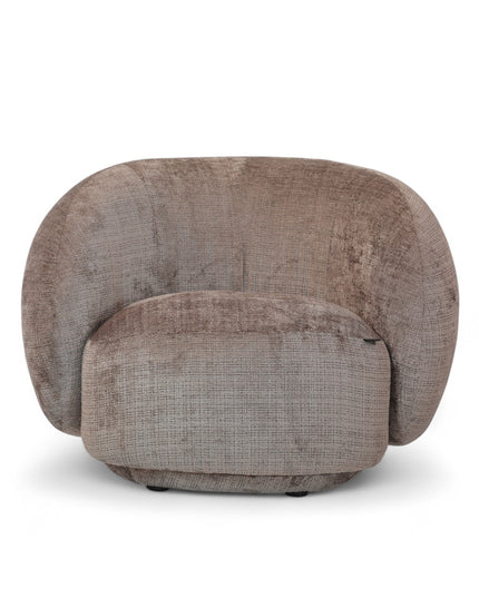 Beige embossed Cloud Armchair with a rounded, armless design and swivel base, offering a plush, sculptural look from front and angled views.