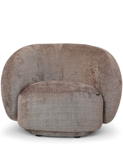 Beige embossed Cloud Armchair with a rounded, armless design and swivel base, offering a plush, sculptural look from front and angled views.