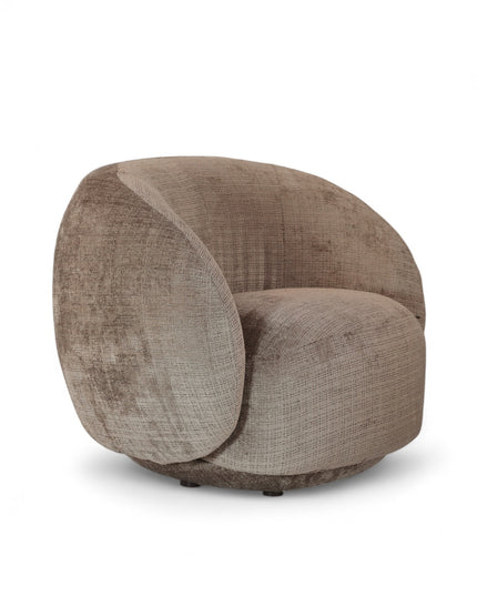 Beige embossed Cloud Armchair with a rounded, armless design and swivel base, offering a plush, sculptural look from front and angled views.