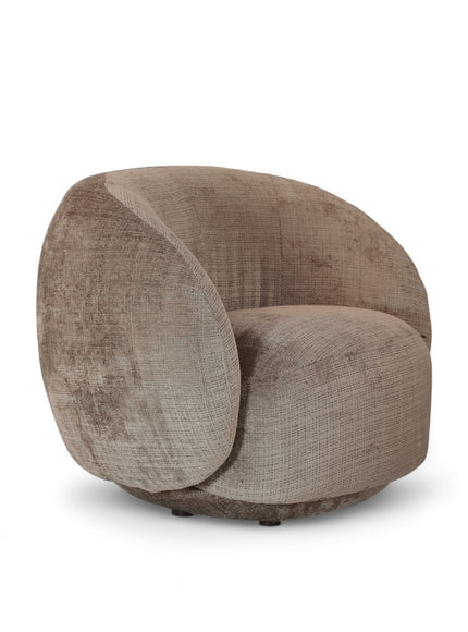 Beige embossed Cloud Armchair with a rounded, armless design and swivel base, offering a plush, sculptural look from front and angled views.