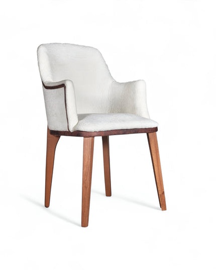 Mid-century modern accent chair with a sculpted dark wood frame, white textured upholstery, and gently curved armrests, ideal for dining rooms or contemporary living spaces