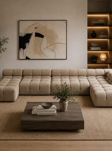 Modern living room with a beige sectional sofa, wooden coffee table, and abstract art on the wall.
