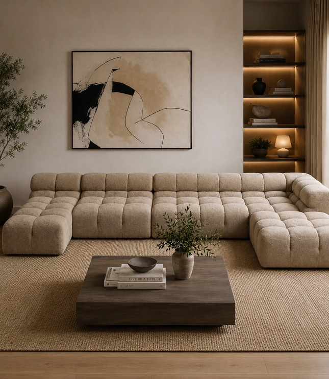 Modern living room with a beige sectional sofa, wooden coffee table, and abstract art on the wall.