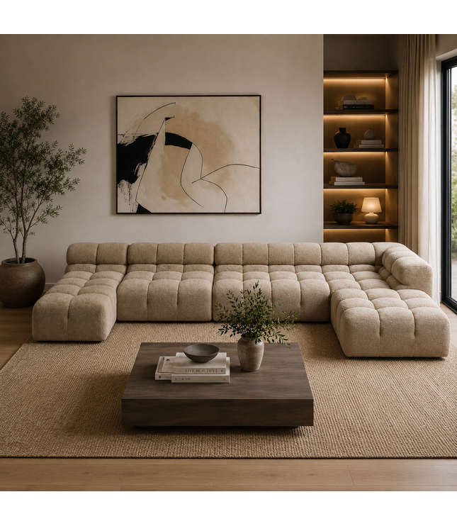 Modern living room with a beige sectional sofa, wooden coffee table, and abstract art on the wall.