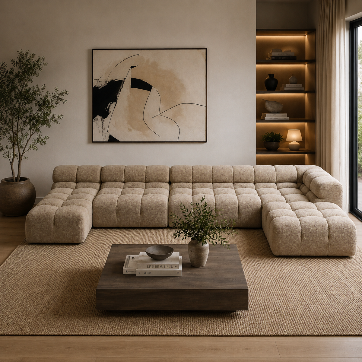 Modern living room with a beige sectional sofa, wooden coffee table, and abstract art on the wall.