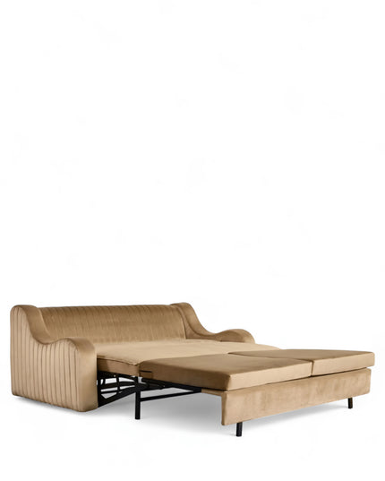 Cappuccino Sofa Bed in warm camel velvet with sculpted curved arms, vertical channel tufting, and hidden pull-out bed; shown in sofa position, full bed mode, and front view.