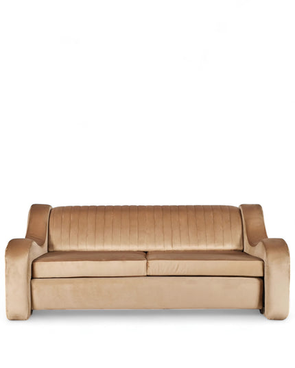 Cappuccino Sofa Bed in warm camel velvet with sculpted curved arms, vertical channel tufting, and hidden pull-out bed; shown in sofa position, full bed mode, and front view.