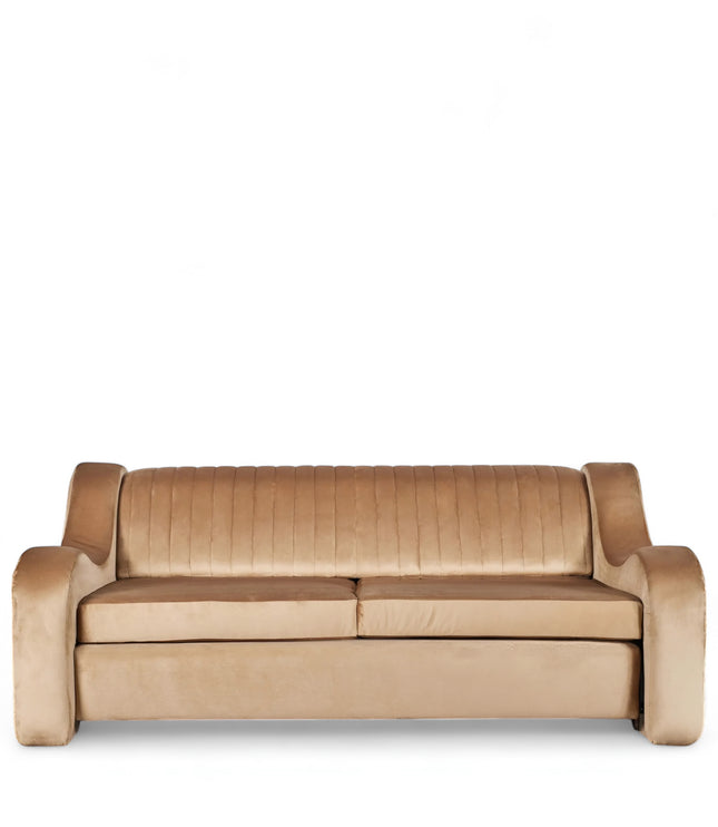 Cappuccino Sofa Bed in warm camel velvet with sculpted curved arms, vertical channel tufting, and hidden pull-out bed; shown in sofa position, full bed mode, and front view.