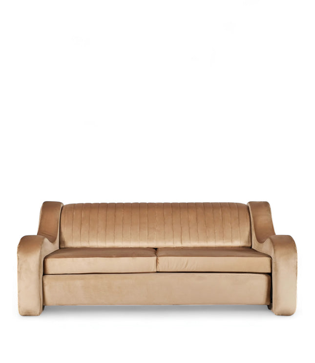 Cappuccino Sofa Bed in warm camel velvet with sculpted curved arms, vertical channel tufting, and hidden pull-out bed; shown in sofa position, full bed mode, and front view.