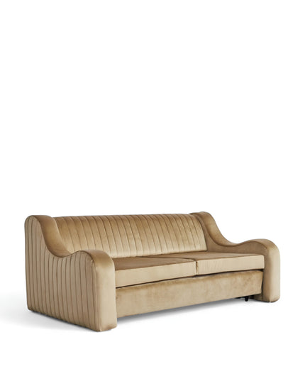 Cappuccino Sofa Bed in warm camel velvet with sculpted curved arms, vertical channel tufting, and hidden pull-out bed; shown in sofa position, full bed mode, and front view.