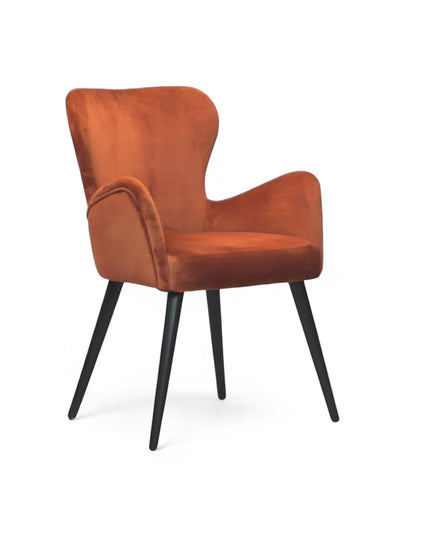 Mid-century modern burnt orange velvet accent chair with black metal legs, ideal for living room or office decor.