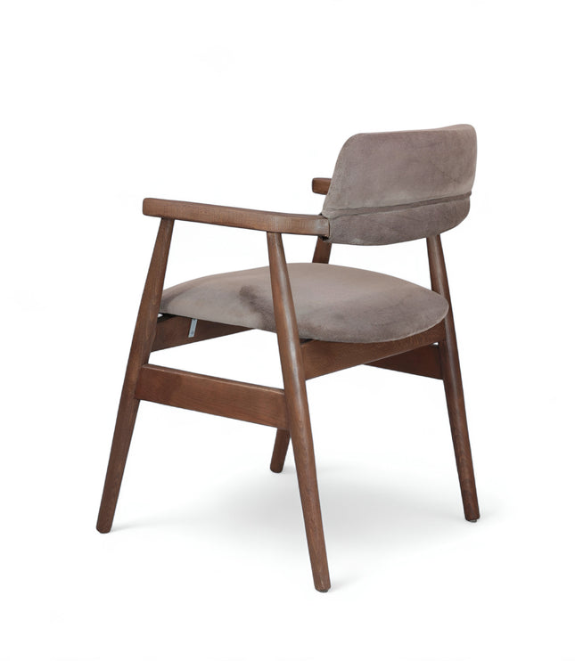 Mid-century modern dining chair with walnut wood frame and soft brown velvet seat and backrest — ideal for stylish dining rooms, offices, or contemporary interiors.