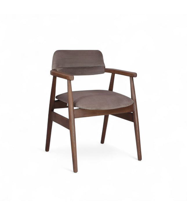 Mid-century modern dining chair with walnut wood frame and soft brown velvet seat and backrest — ideal for stylish dining rooms, offices, or contemporary interiors.