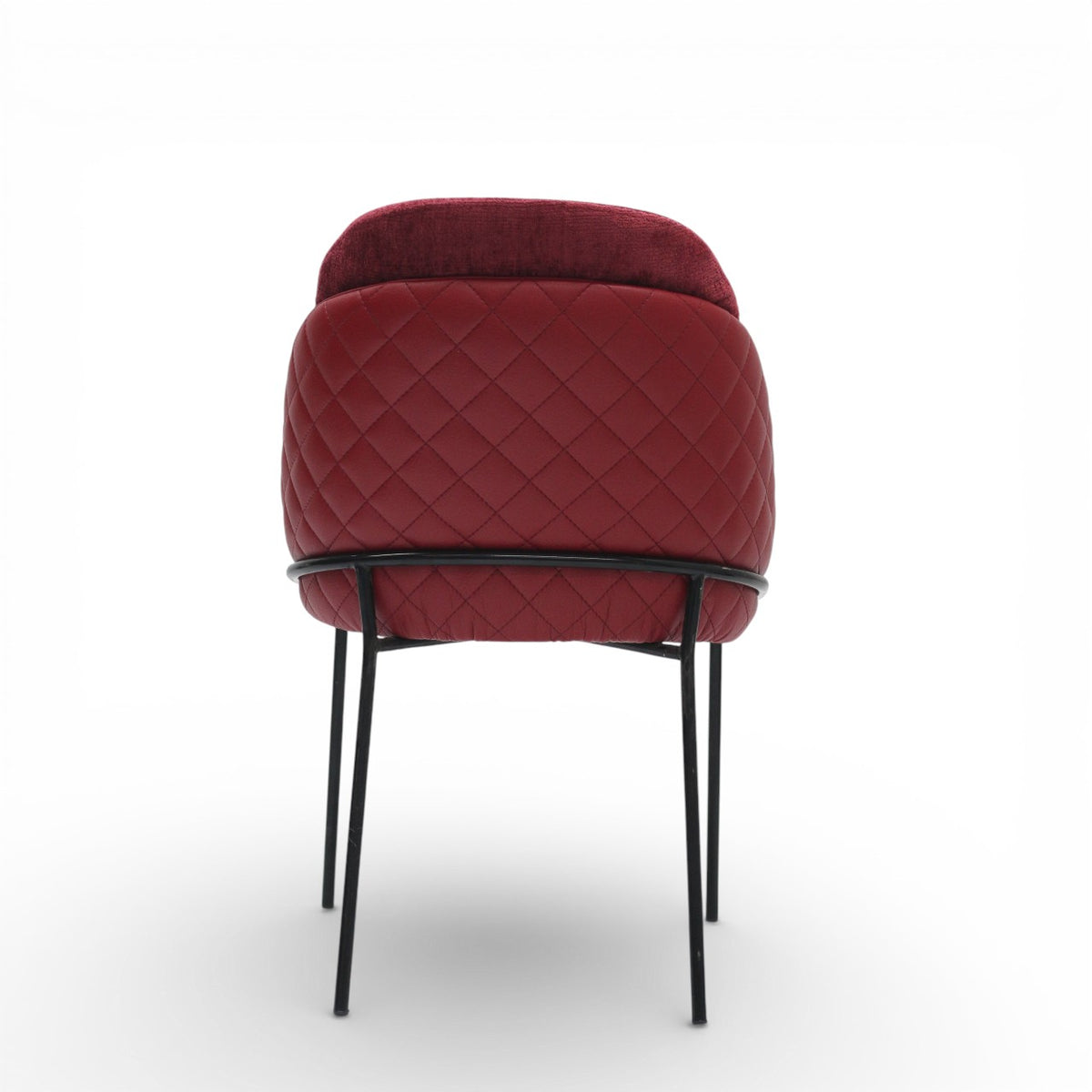 Red quilted chair with black metal legs on a white background