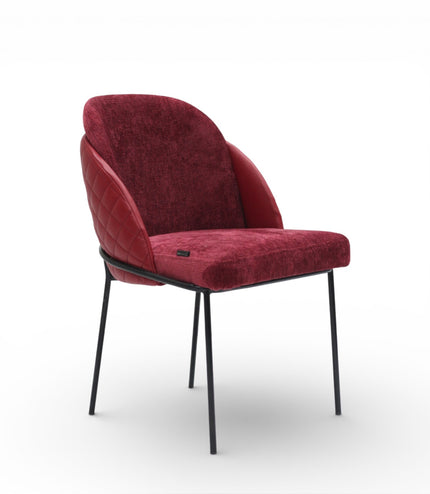 Red upholstered chair with black legs on a white background