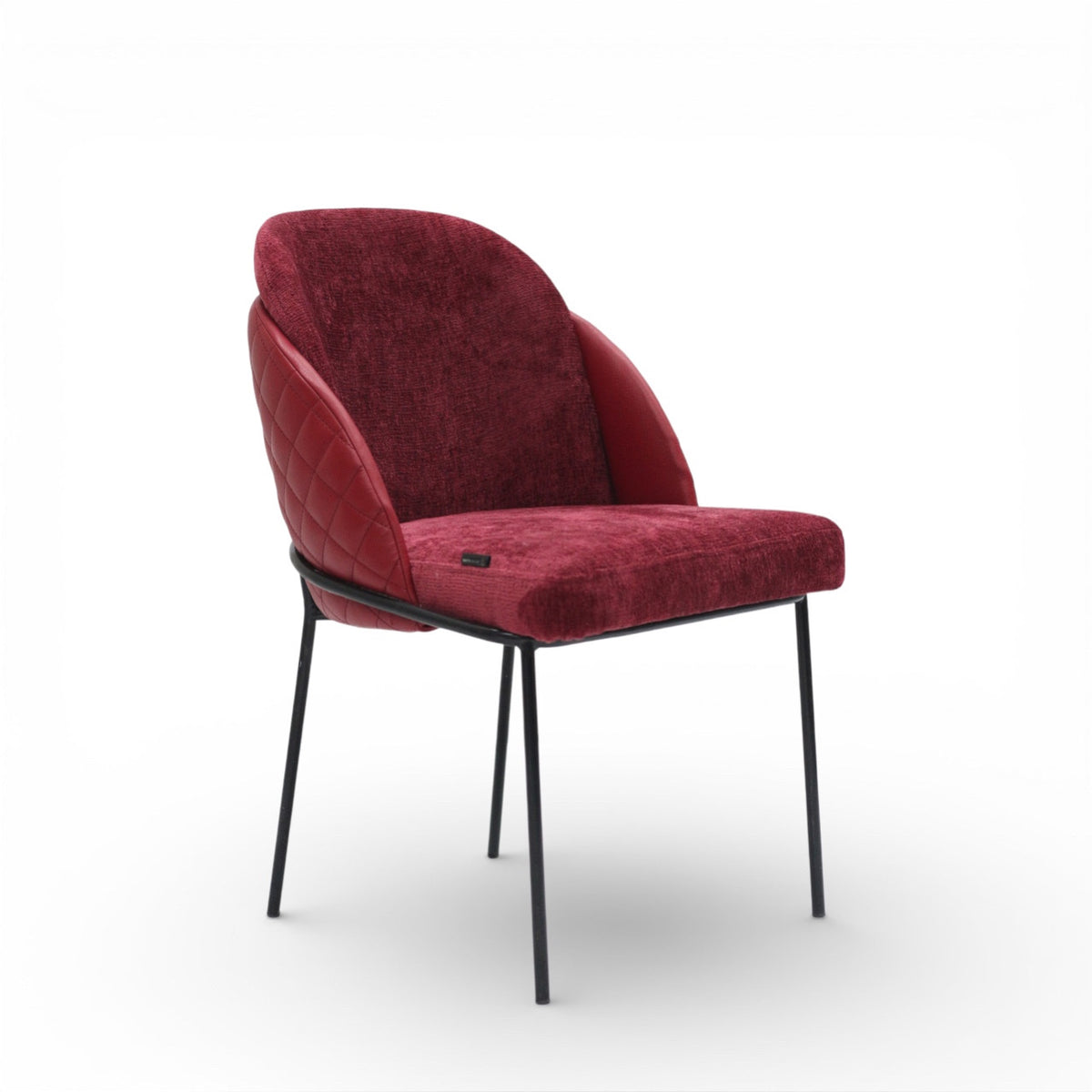 Red upholstered chair with black legs on a white background