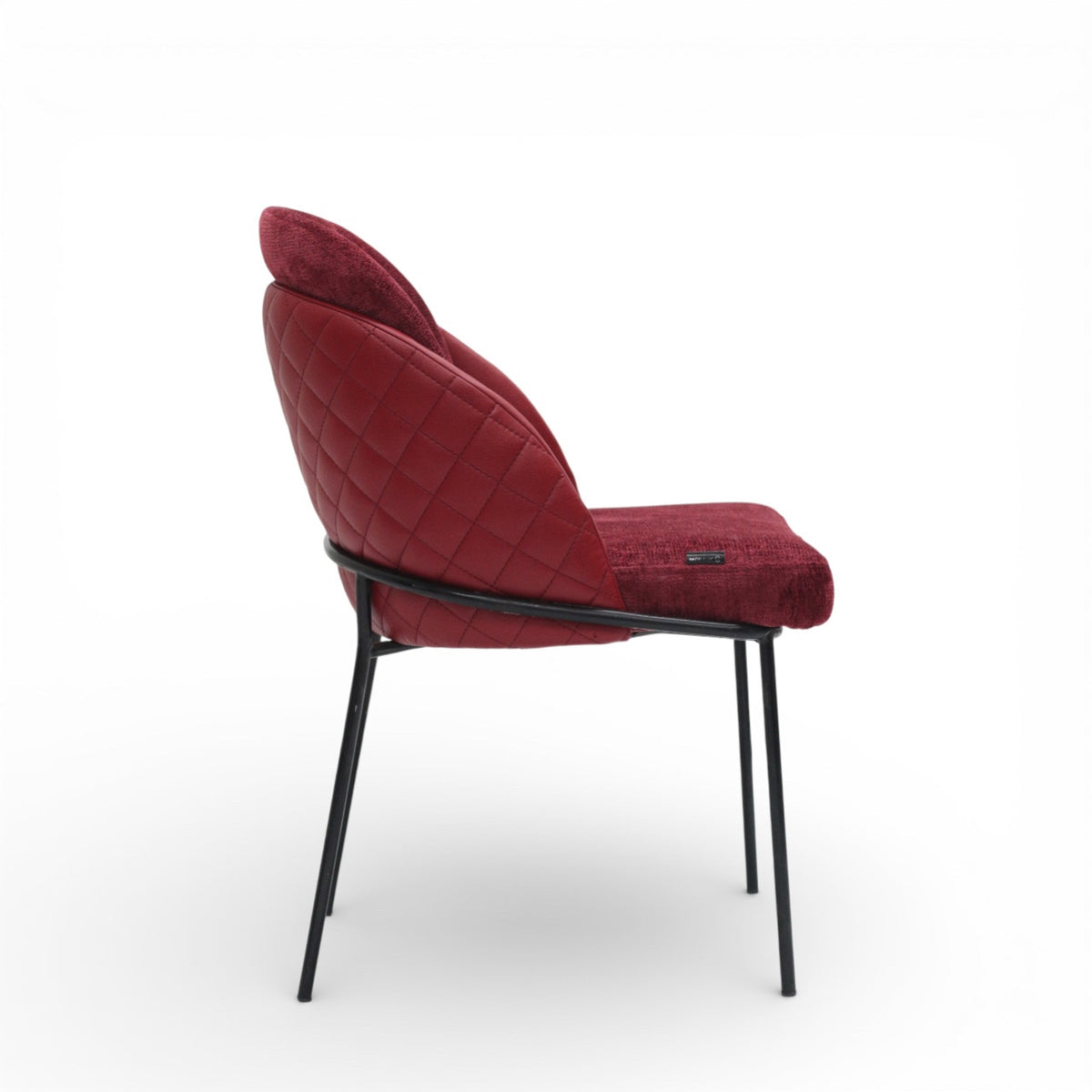 Red upholstered chair with black metal legs on a white background