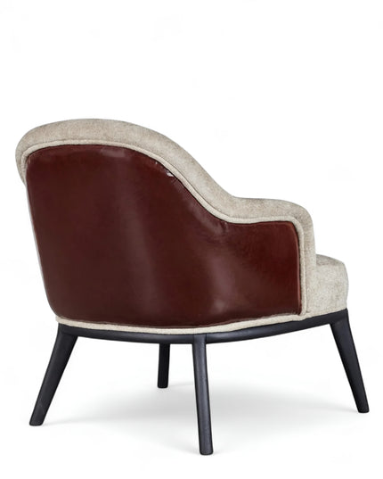 Chocolate Armchair with beige velvet-style front and smooth chocolate faux leather back, featuring sculptural curves and black legs; shown from front-angle, back, and side views.