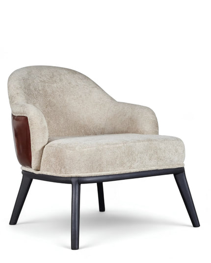 Chocolate Armchair with beige velvet-style front and smooth chocolate faux leather back, featuring sculptural curves and black legs; shown from front-angle, back, and side views.