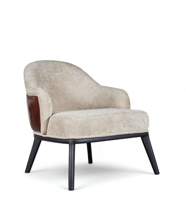 Chocolate Armchair with beige velvet-style front and smooth chocolate faux leather back, featuring sculptural curves and black legs; shown from front-angle, back, and side views.