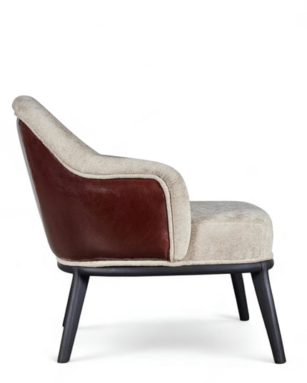 Chocolate Armchair with beige velvet-style front and smooth chocolate faux leather back, featuring sculptural curves and black legs; shown from front-angle, back, and side views.