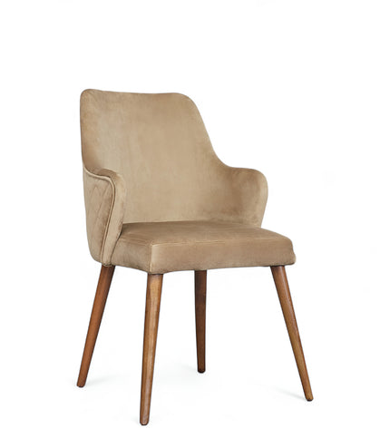 Beige upholstered armchair with high back, quilted sides, and wooden legs in a mid-century modern style