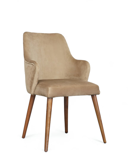 Beige upholstered armchair with high back, quilted sides, and wooden legs in a mid-century modern style