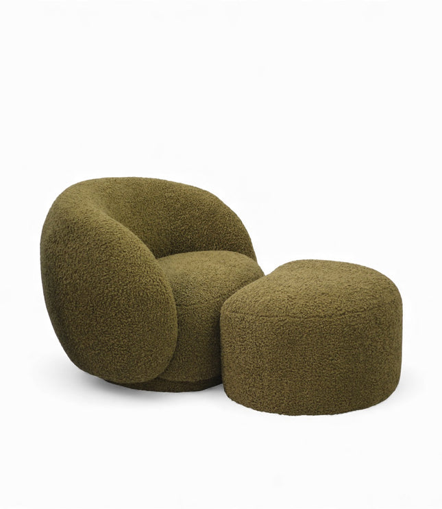 Green boucle chair and ottoman set on a white background