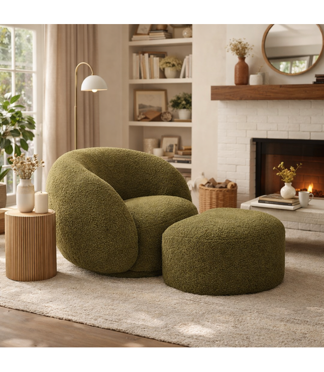 Green armchair and ottoman in a cozy living room with a fireplace and bookshelf.