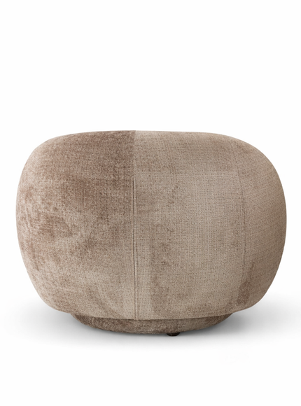 Beige Cloud Armchair with a rounded, armless design and swivel base, offering a plush, sculptural look from front and angled views.