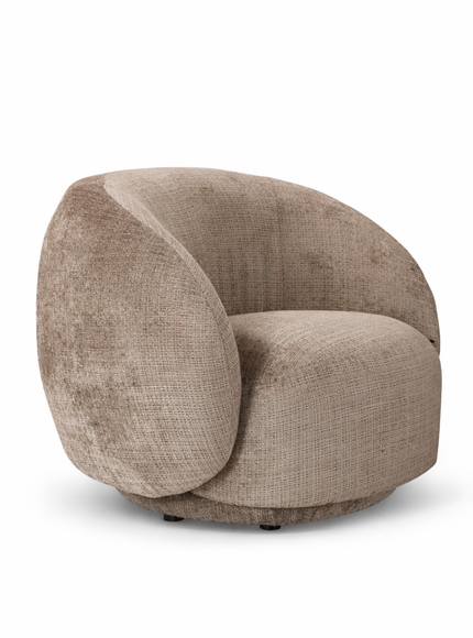 Beige Cloud Armchair with a rounded, armless design and swivel base, offering a plush, sculptural look from front and angled views.