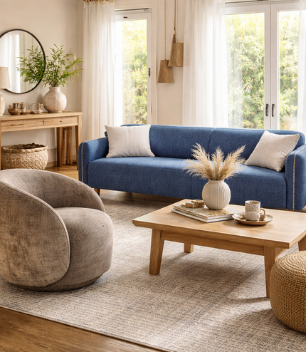 A beige armchair and a blue sofa staged in a light living room
