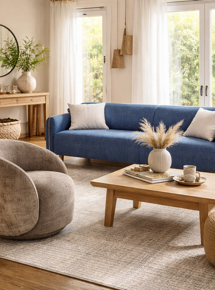A beige armchair and a blue sofa staged in a light living room