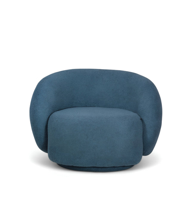 Deep blue boucle Cloud Armchair with a rounded, armless design and swivel base, offering a plush, sculptural look from front and angled views.