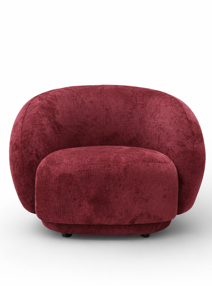 Raspberry embossed Cloud Armchair with a rounded, armless design and swivel base, offering a plush, sculptural look from front and angled views.