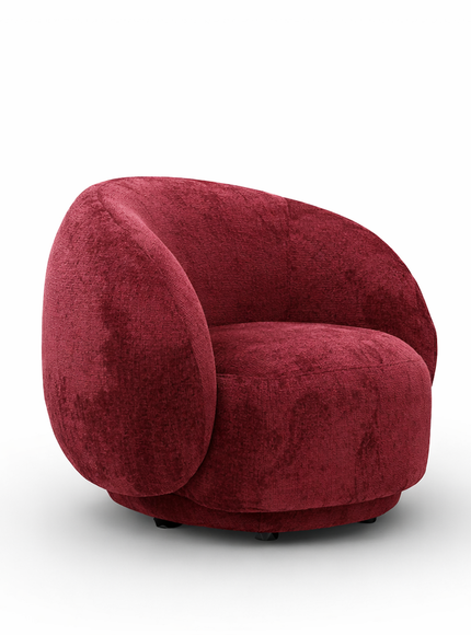Raspberry embossed Cloud Armchair with a rounded, armless design and swivel base, offering a plush, sculptural look from front and angled views.