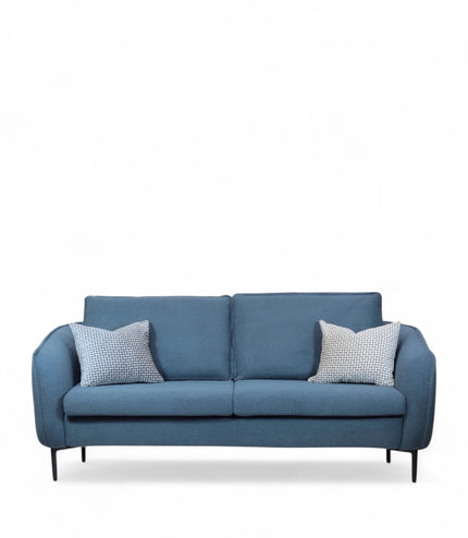 Cobalt Sofa in boucle-style blue fabric with slim black metal legs, rounded arms, and two patterned accent pillows, shown from front view and close-up fabric detail.