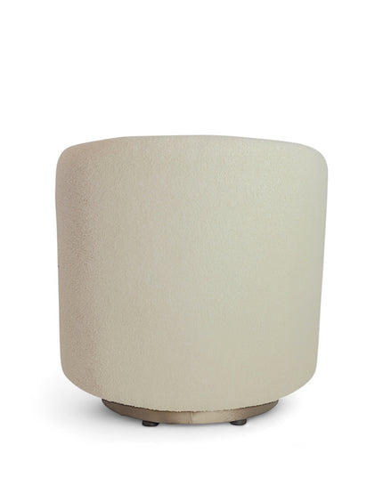 Modern boucle swivel lounge chair with off-white upholstery, curved backrest, and brass base by Vaya Home—ideal for contemporary living room or bedroom seating.
