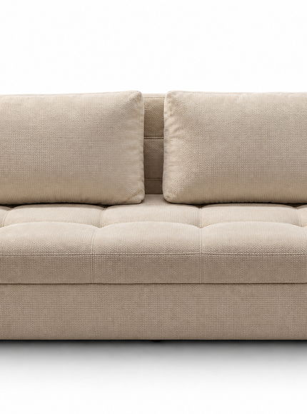 A beige upholstered sofa bed with two matching back cushions and a tufted seat, shown against a plain white background.