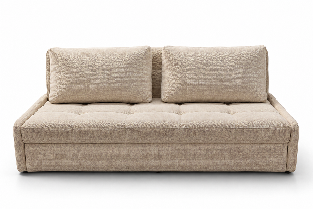 A beige upholstered sofa bed with two matching back cushions and a tufted seat, shown against a plain white background.