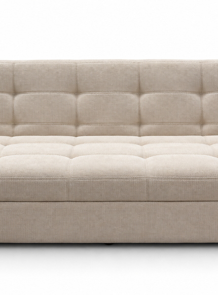 A modern three-seater sofa bed in a light beige textured fabric, featuring a tufted backrest and seat cushion, shown against a plain white background.