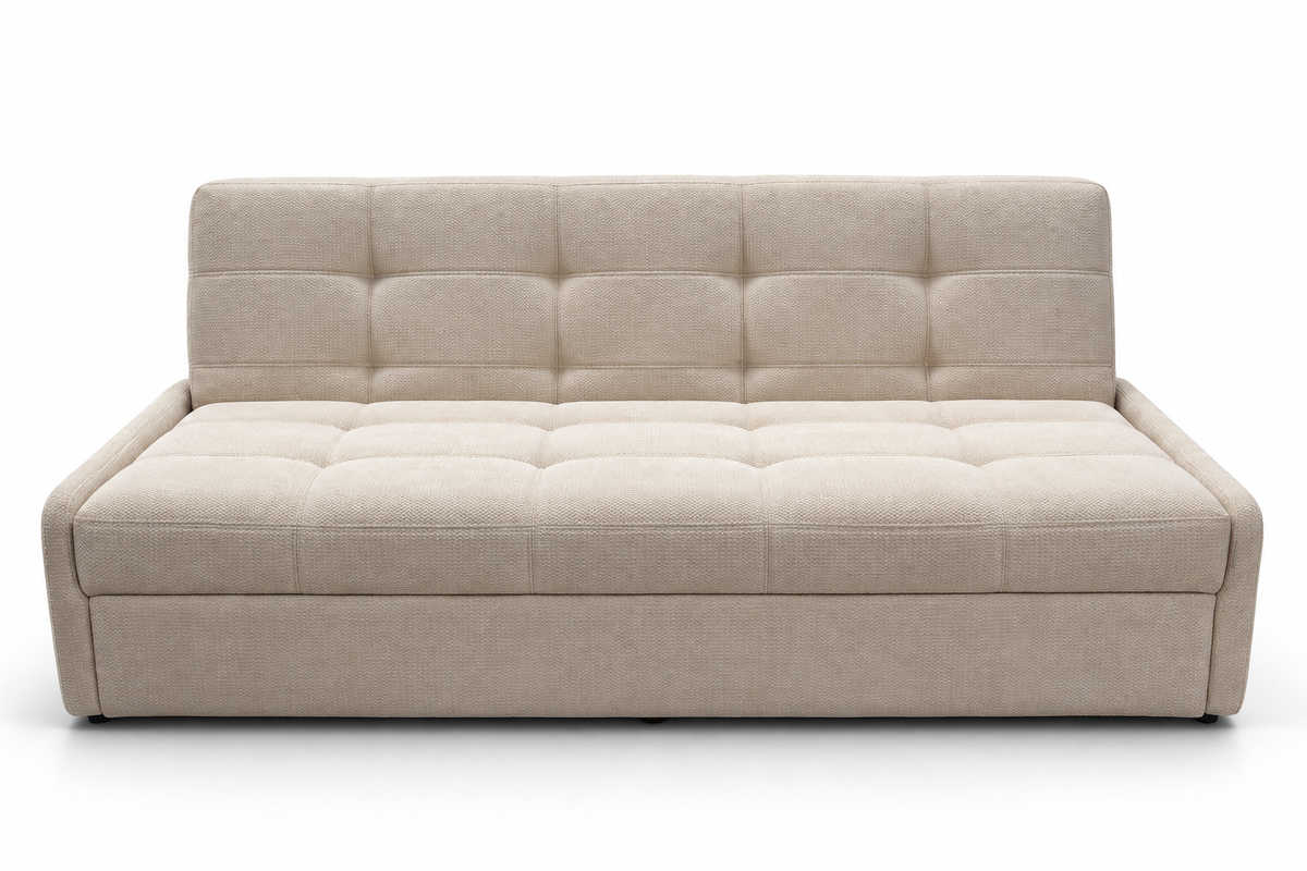 A modern three-seater sofa bed in a light beige textured fabric, featuring a tufted backrest and seat cushion, shown against a plain white background.