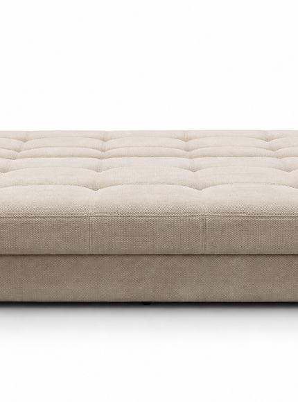 A low-profile, tufted upholstered sofa bed frame in a light beige corduroy fabric, shown from a front-facing perspective on a clean white background.