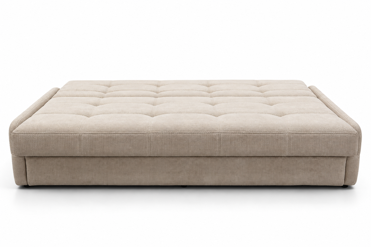 A low-profile, tufted upholstered sofa bed frame in a light beige corduroy fabric, shown from a front-facing perspective on a clean white background.