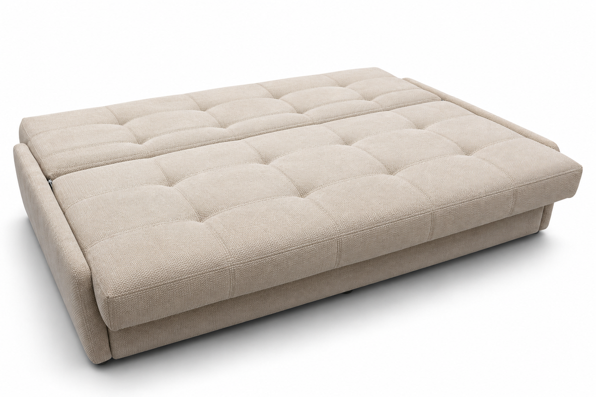 A beige tufted fabric sofa bed or daybed with a segmented, fold-out design, shown on a clean white background.
