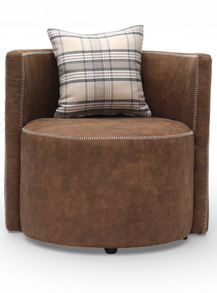Brown armchair with a plaid pillow on a white background