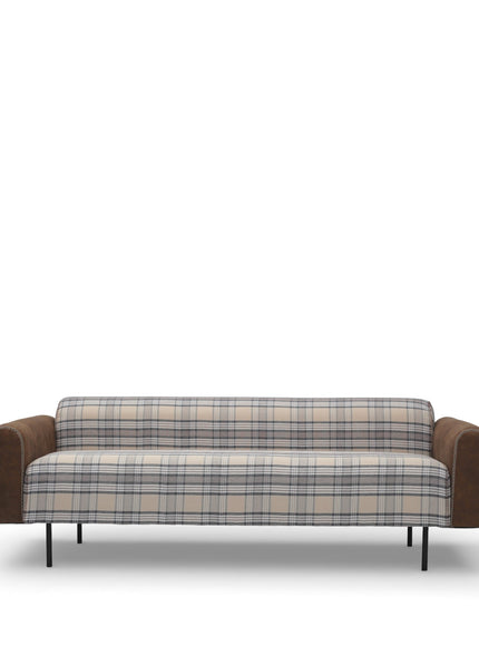 Plaid-patterned sofa with brown armrests on a white background