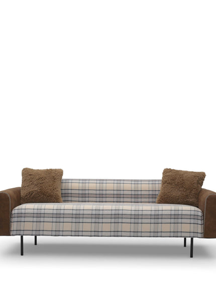 Sofa with plaid pattern and brown cushions on a white background