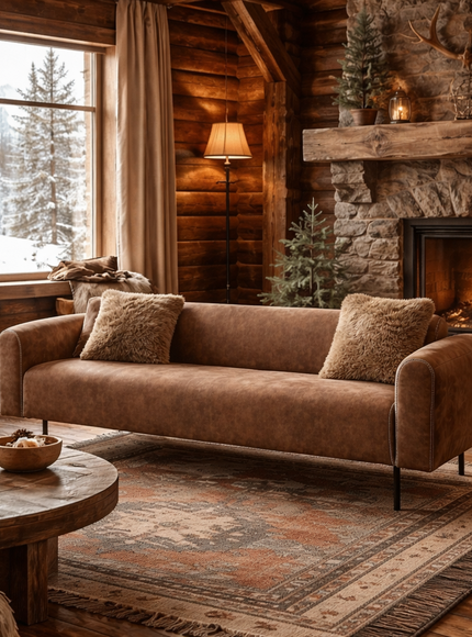 Corvyn sofa staged in a chalet in winter