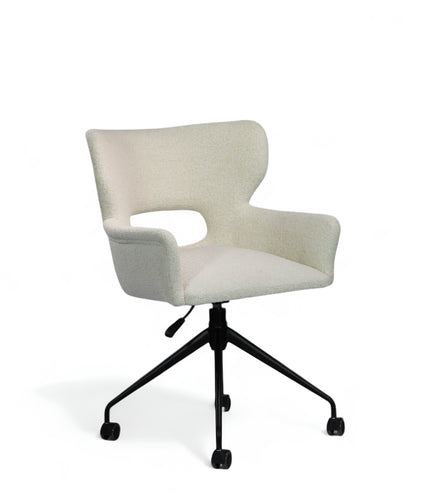 Wicky Swivel Chair in soft ivory boucle-style upholstery with sculptural cut-out backrest, flared arms, and black metal base on casters; shown in front three-quarter view.
